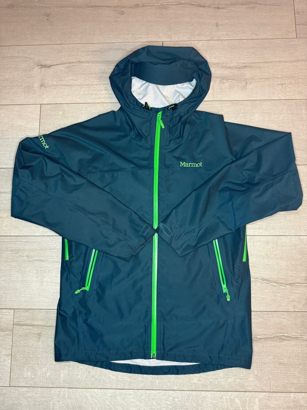 Marmot Magus Waterproof Hooded Rain Jacket Small Slate Blue Lime Accent